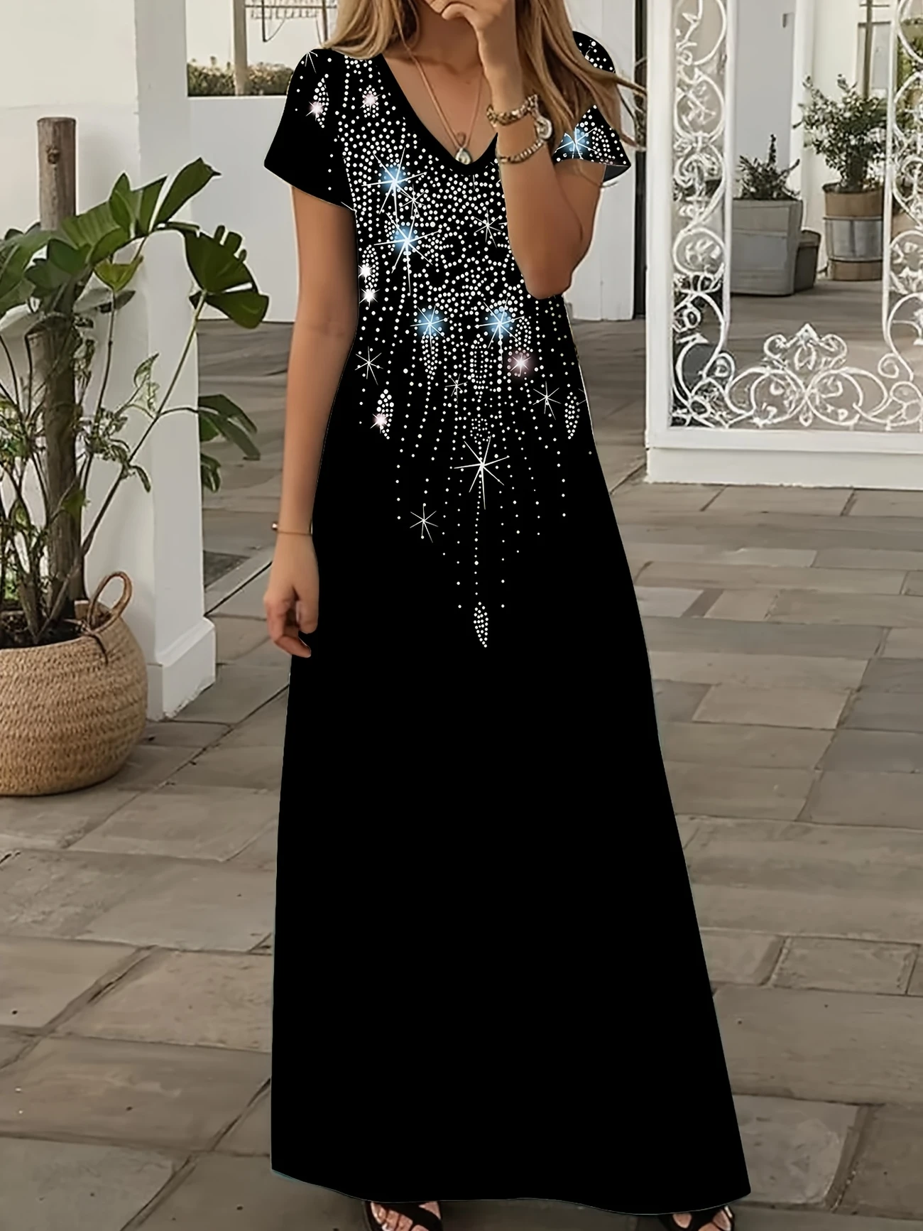 Damen Abstrakt Sommer Print Kleid V-Ausschnitt Kurzarm X-Linie Kleid