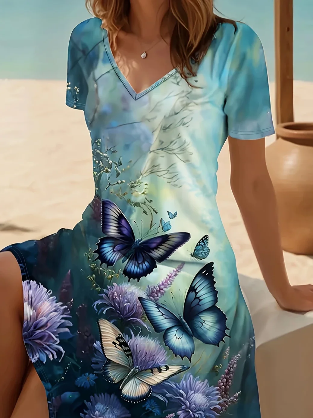 Damen Geblümt Sommer Print Kleid V-Ausschnitt Kurzarm Passen & Flare Kleid A-Linien-Kleid