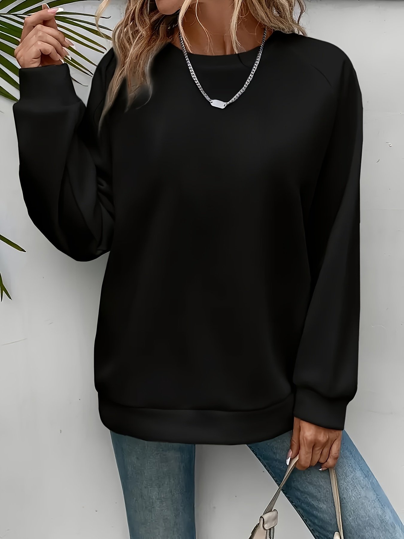 Lässig Rundhals Unifarben Sweatshirt