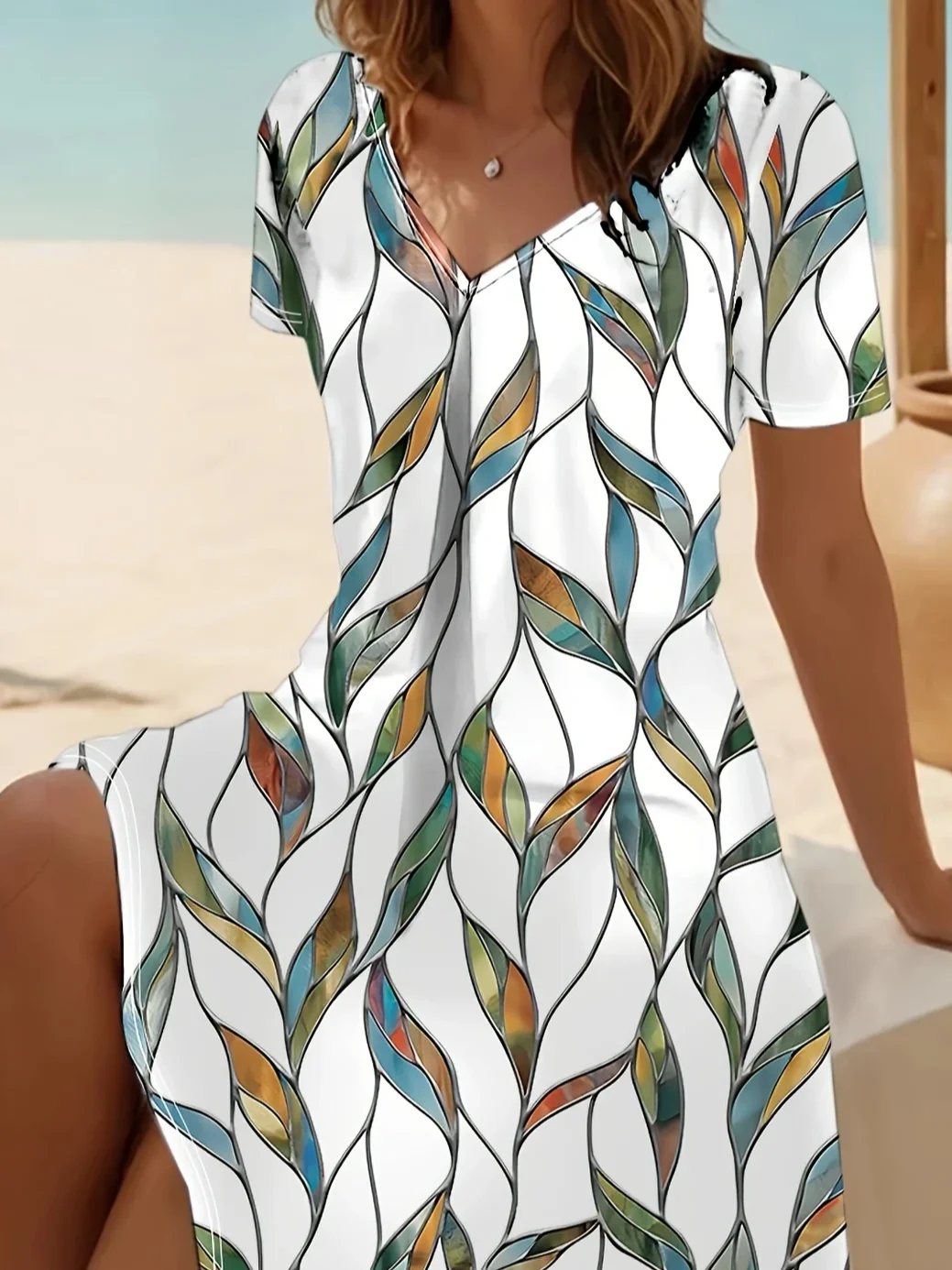 Damen Blätter Sommer Print Kleid V-Ausschnitt Kurzarm Passen & Flare Kleid A-Linien-Kleid