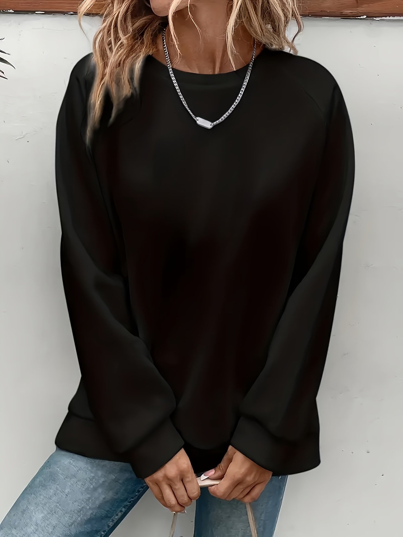 Lässig Rundhals Unifarben Sweatshirt
