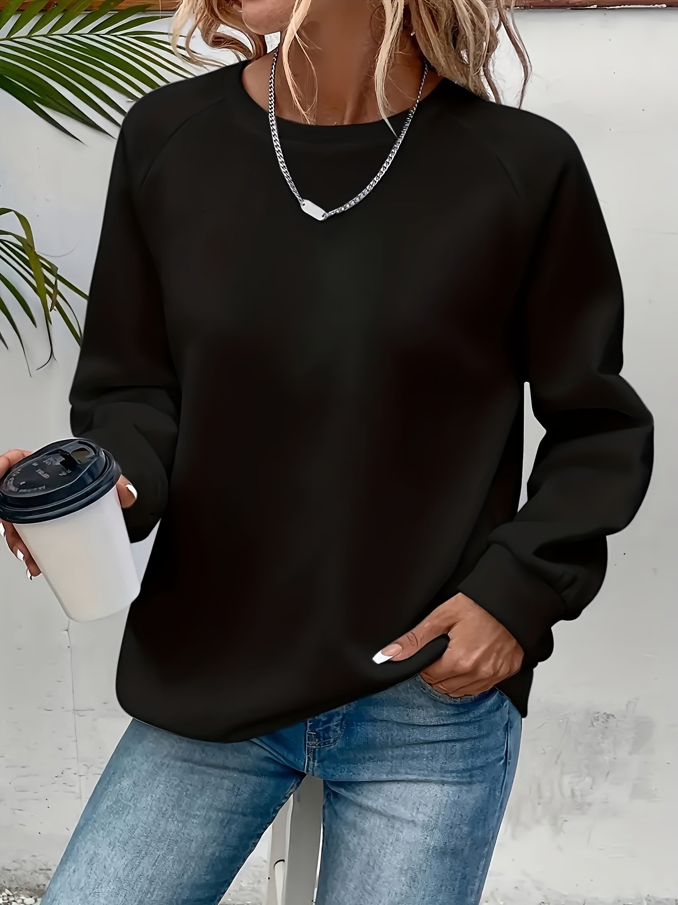 Lässig Rundhals Unifarben Sweatshirt