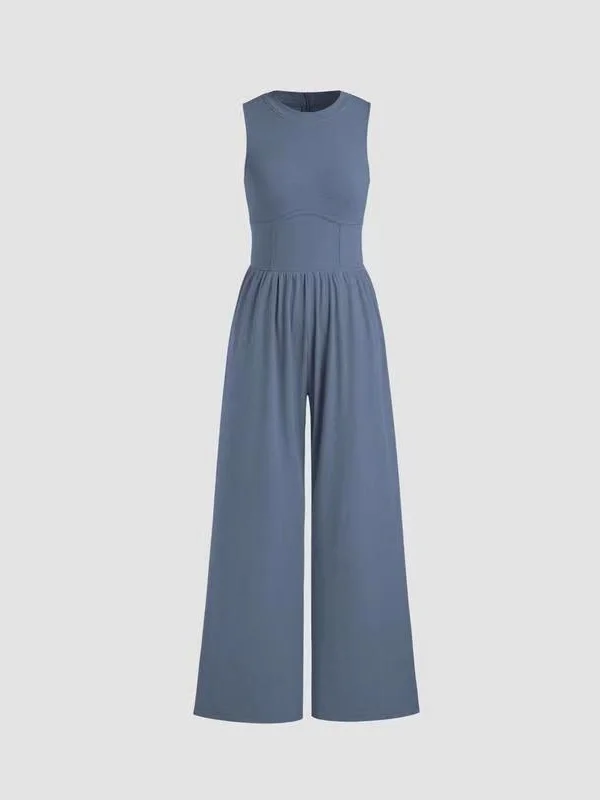 Damen Unifarben Rundhals Ärmellos Lässig Sommer Jumpsuit