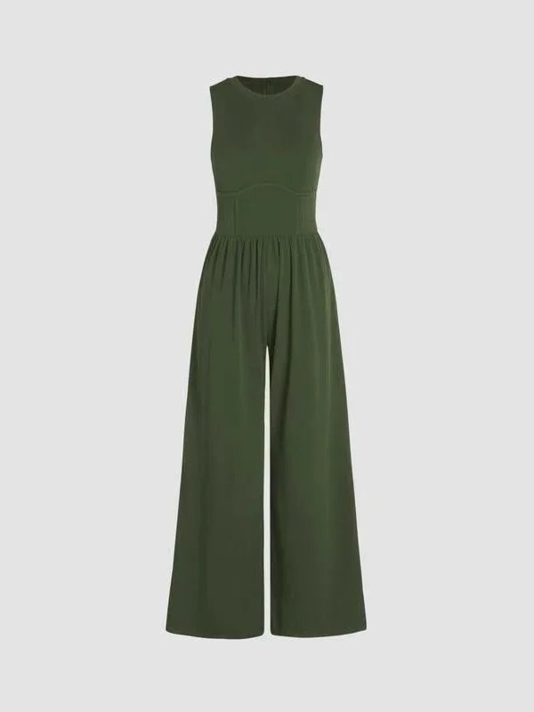 Damen Unifarben Rundhals Ärmellos Lässig Sommer Jumpsuit