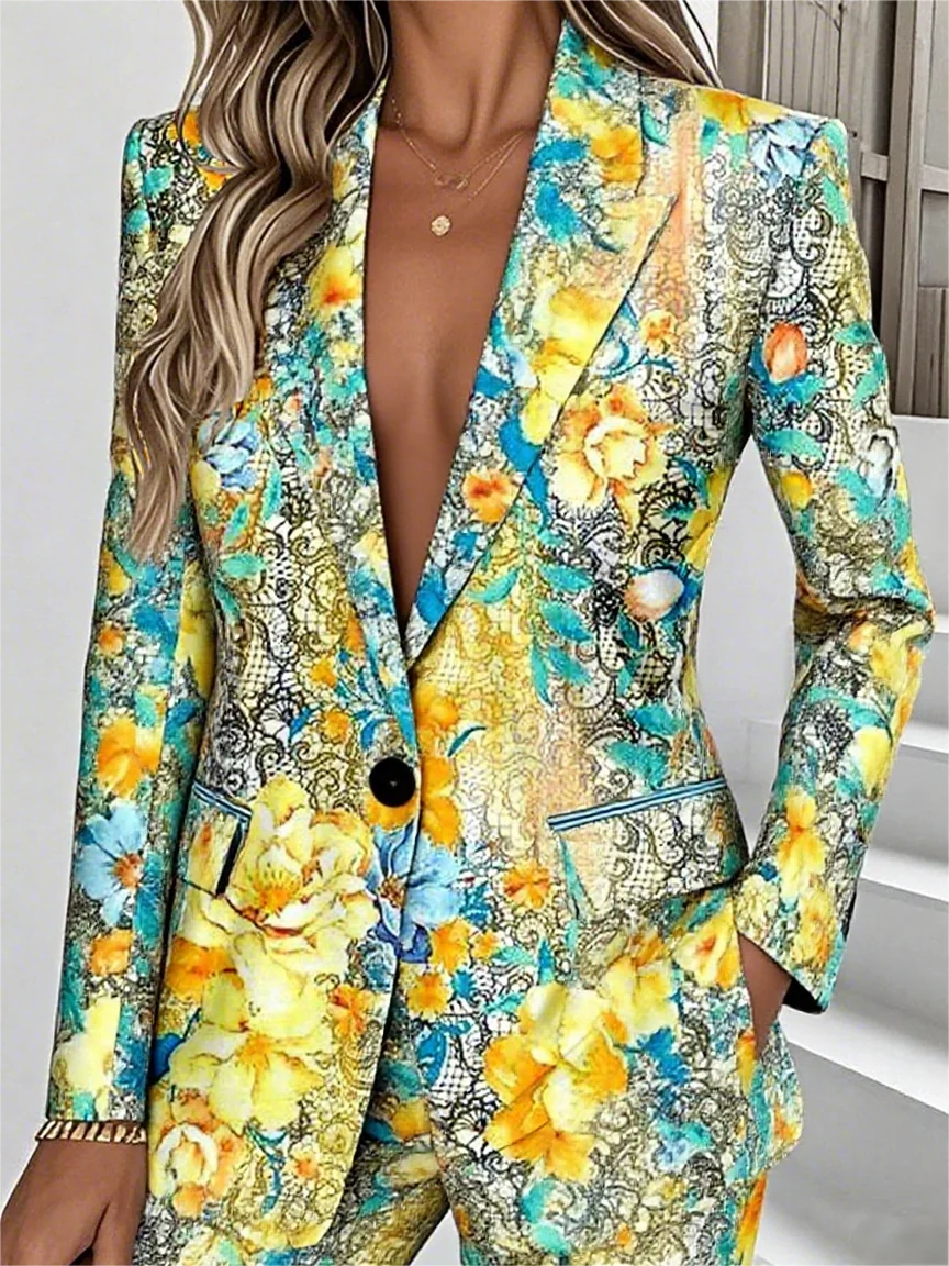 Damen Geblümt Frühling/Herbst Oberbekleidung Einfach Langarm Reverskragen Regelmäßig Blazer