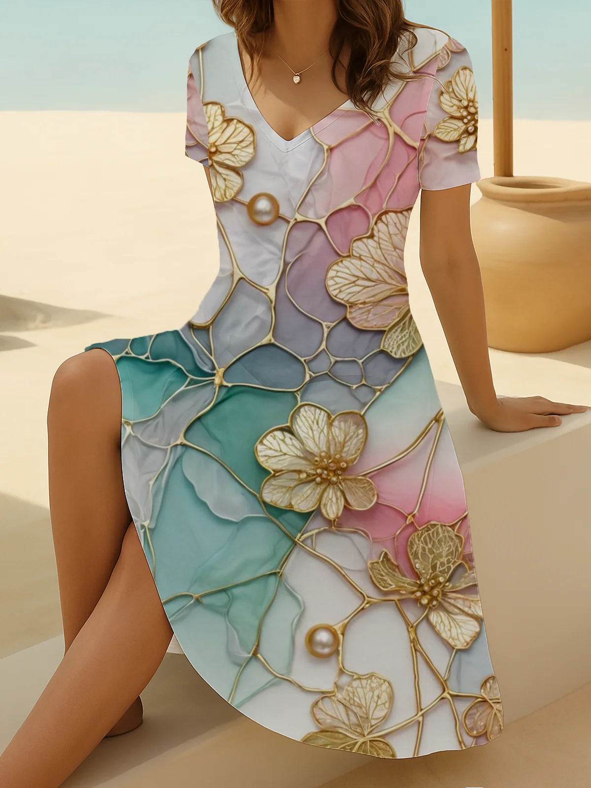 Damen Geblümt Sommer Print Kleid V-Ausschnitt Kurzarm Passen & Flare Kleid A-Linien-Kleid