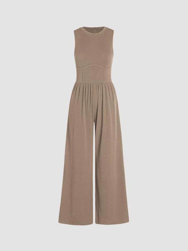 Damen Unifarben Rundhals Ärmellos Lässig Sommer Jumpsuit