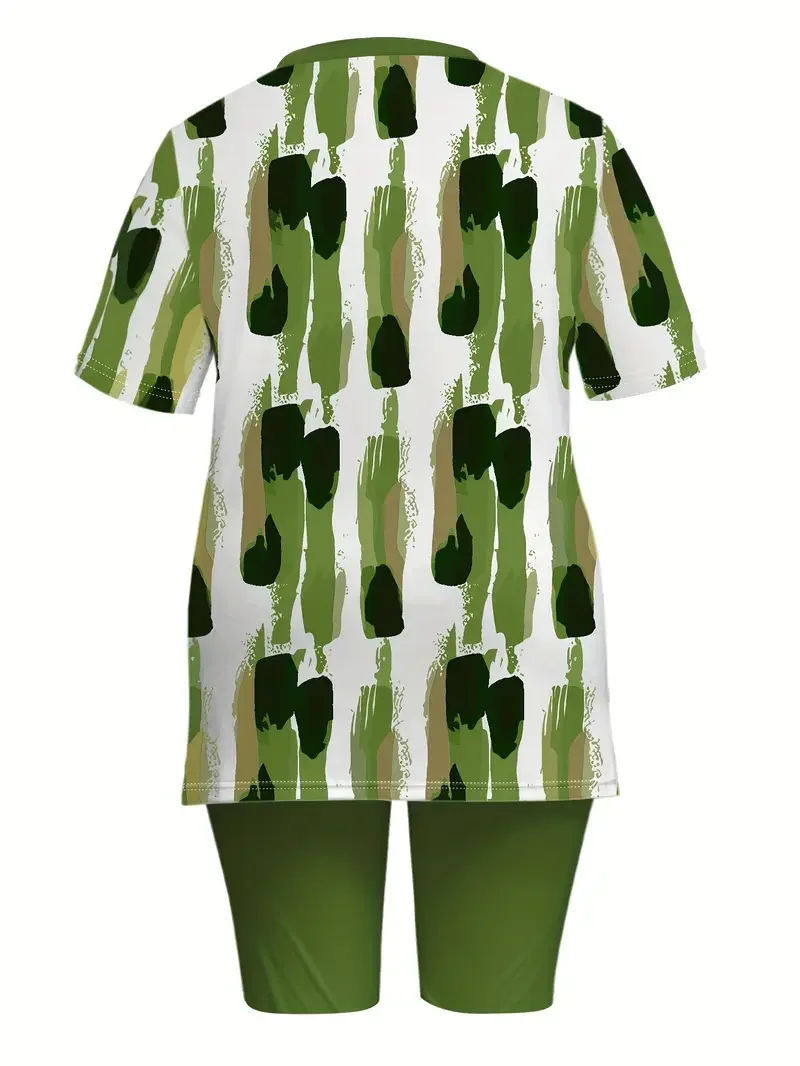 Damen Abstrakt Print Zweiteiliges Set Täglich Kurzarm Lässig Sommer Bluse mit Hose Matching Set