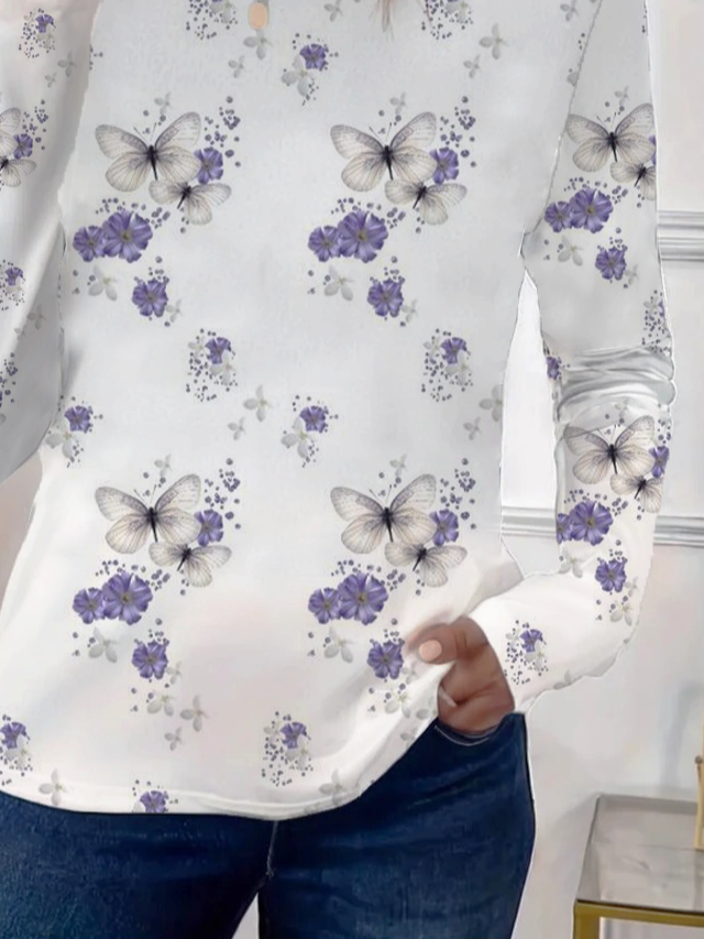 Lässig Geblümt Rundhals Langarm T-Shirt