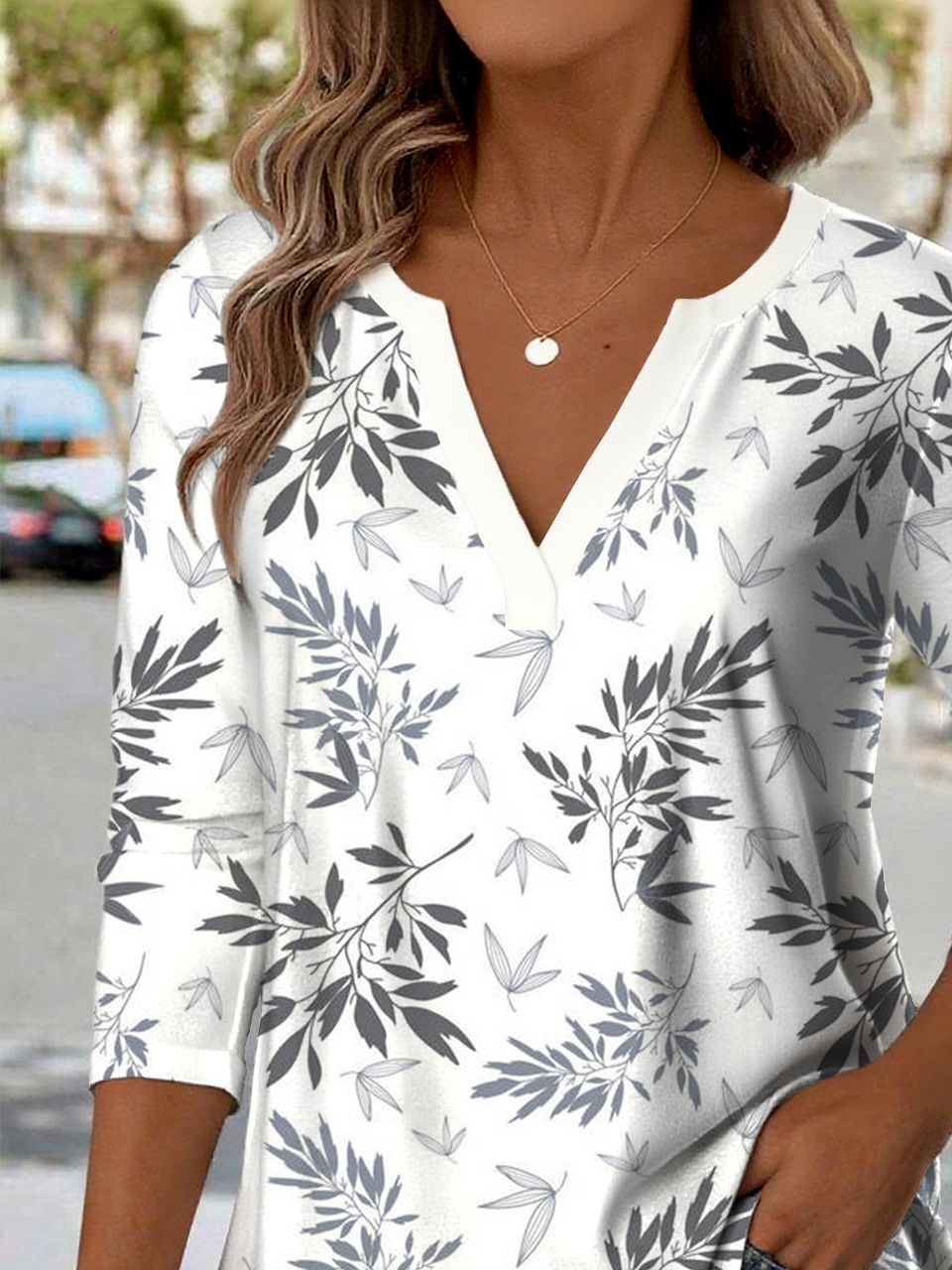 V-Ausschnitt Langarm Blätter Regelmäßig Mittlere Elastizität Weit Bluse für Damen