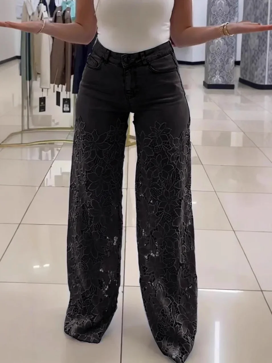 Hohe Taille Hose mit Weitem Bein für Damen modisch Temperament Vielseitig Hohl Spitze Spleißen Denim drapieren Hose