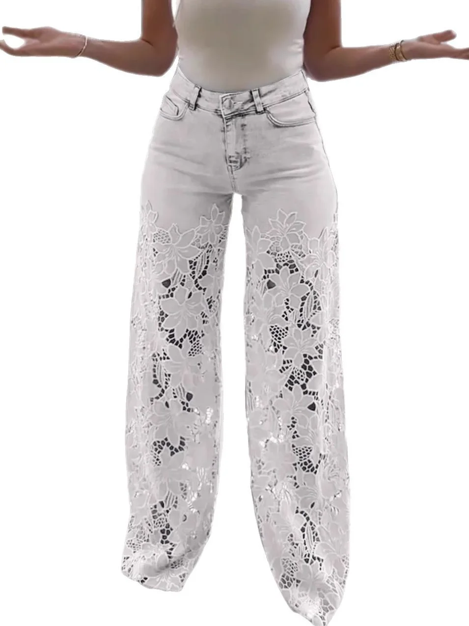 Hohe Taille Hose mit Weitem Bein für Damen modisch Temperament Vielseitig Hohl Spitze Spleißen Denim drapieren Hose