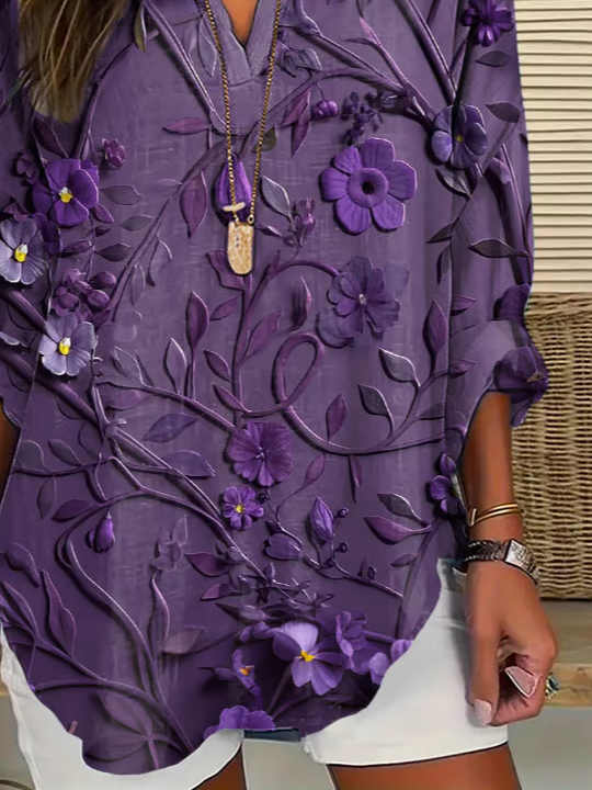 V-Ausschnitt Langarm Geblümt Print Regelmäßig Weit Bluse für Damen