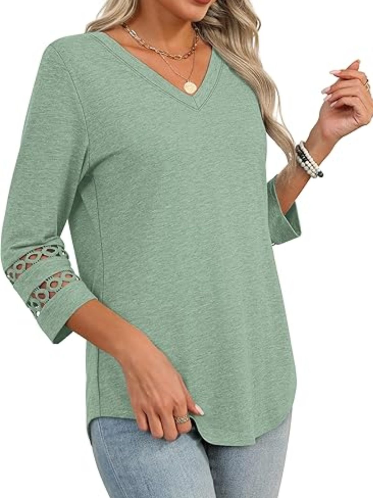 Lässig Unifarben V-Ausschnitt Dreiviertelärmel T-Shirt