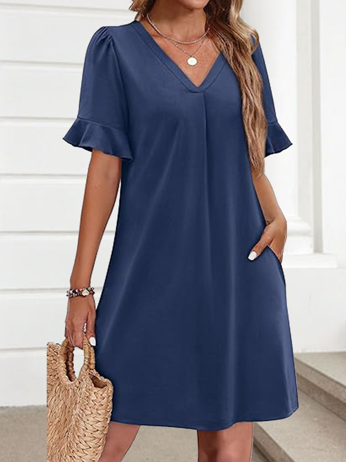 Damen Geometrisch Sommer Kleid V-Ausschnitt Ärmellos Tanktop A-Linien-Kleid