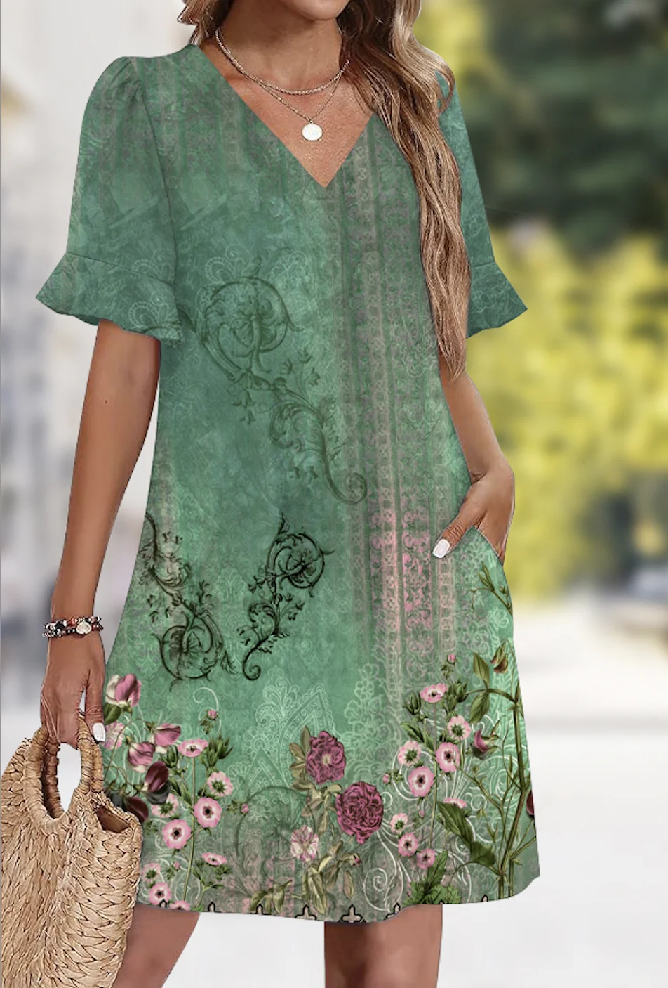 Damen Geblümt Sommer Kleid V-Ausschnitt Ärmellos Tanktop A-Linien-Kleid