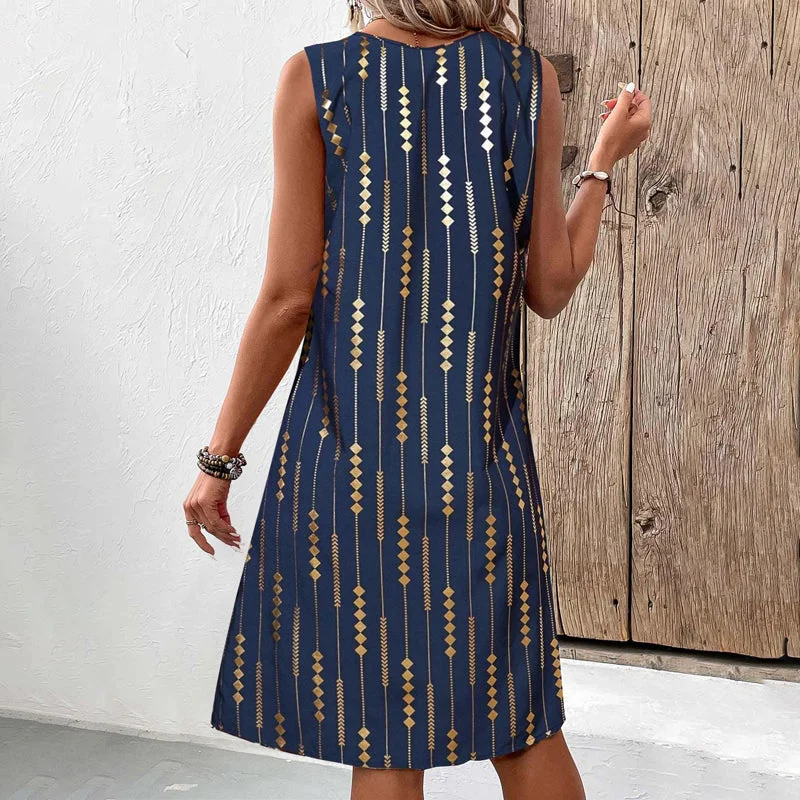 Damen Geometrisch Sommer Kleid V-Ausschnitt Ärmellos Tanktop A-Linien-Kleid