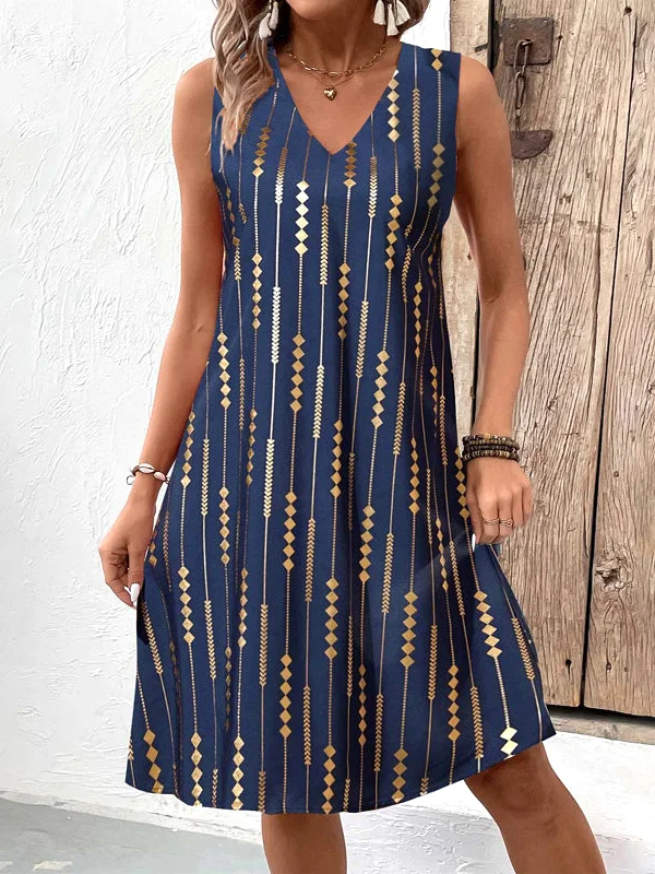 Damen Geometrisch Sommer Kleid V-Ausschnitt Ärmellos Tanktop A-Linien-Kleid