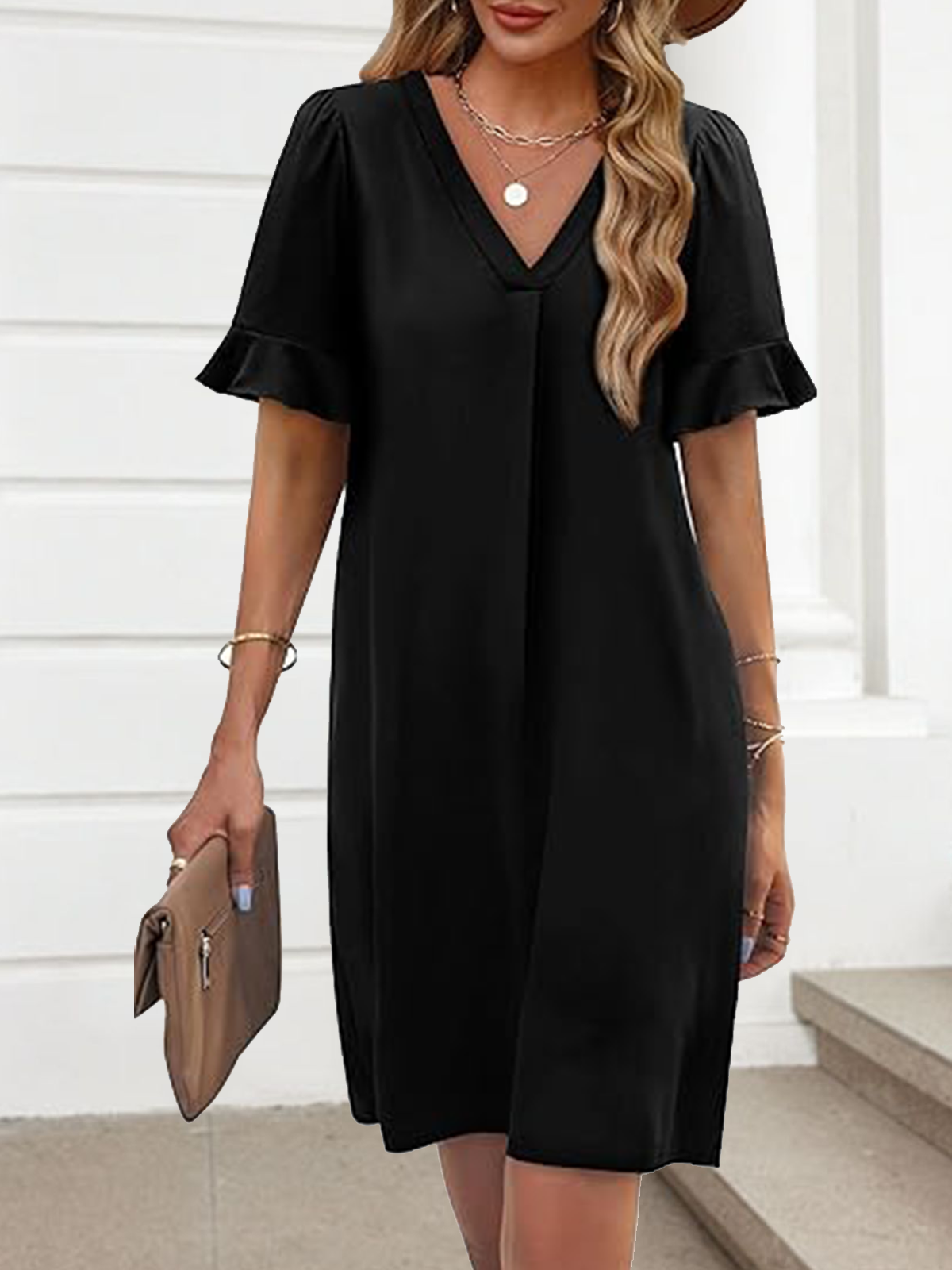 Damen Geometrisch Sommer Kleid V-Ausschnitt Ärmellos Tanktop A-Linien-Kleid