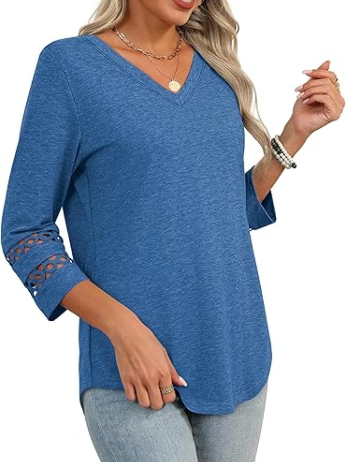 Lässig Unifarben V-Ausschnitt Dreiviertelärmel T-Shirt