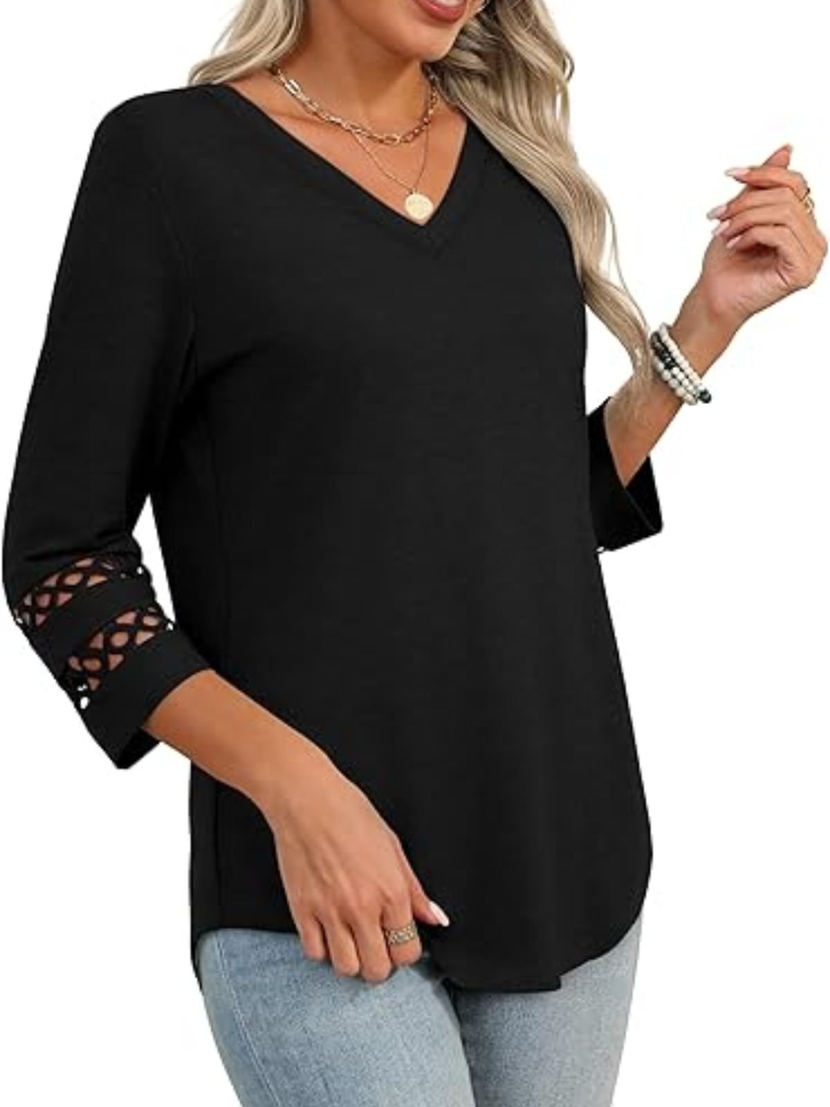 Lässig Unifarben V-Ausschnitt Dreiviertelärmel T-Shirt