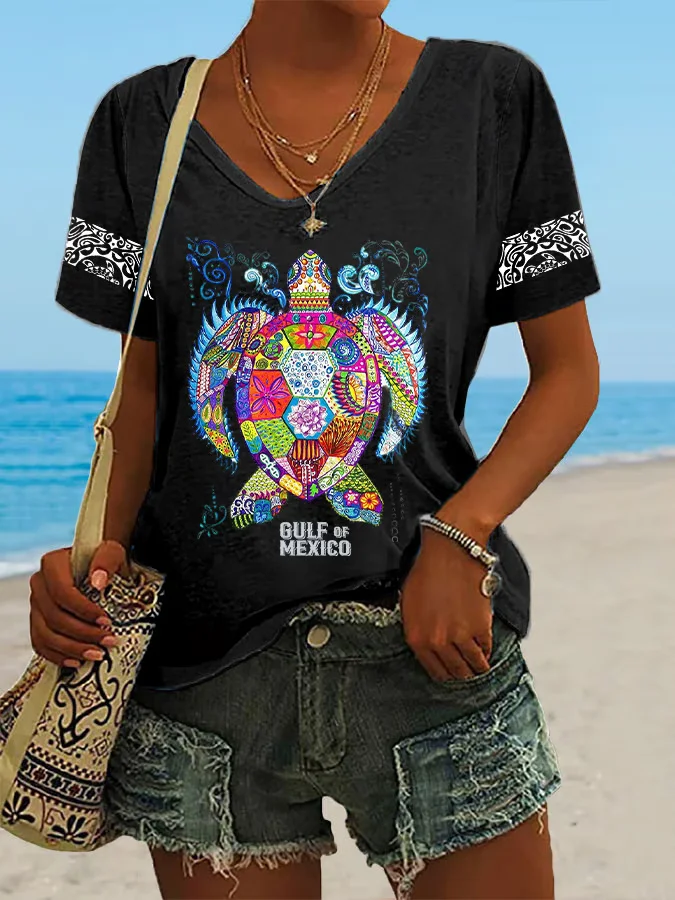 Lässig Geometrisch V-Ausschnitt Kurzarm T-Shirt
