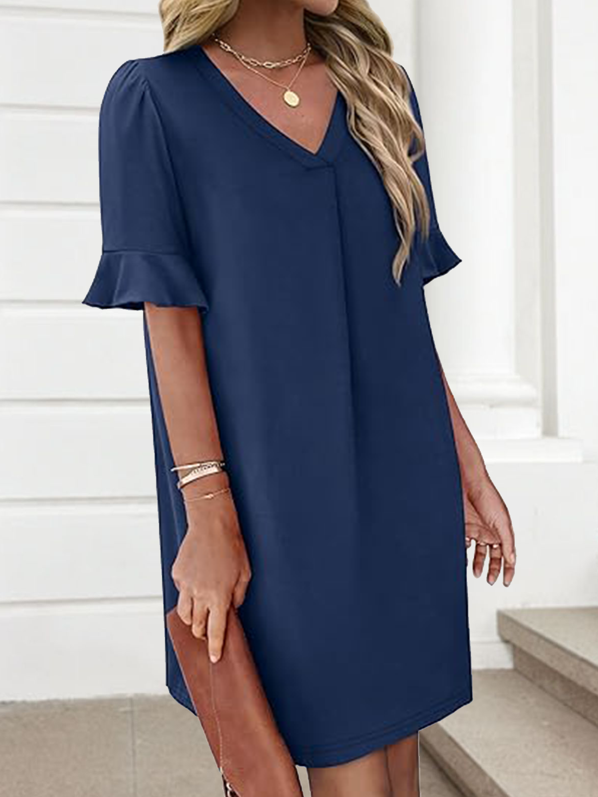 Damen Geometrisch Sommer Kleid V-Ausschnitt Ärmellos Tanktop A-Linien-Kleid