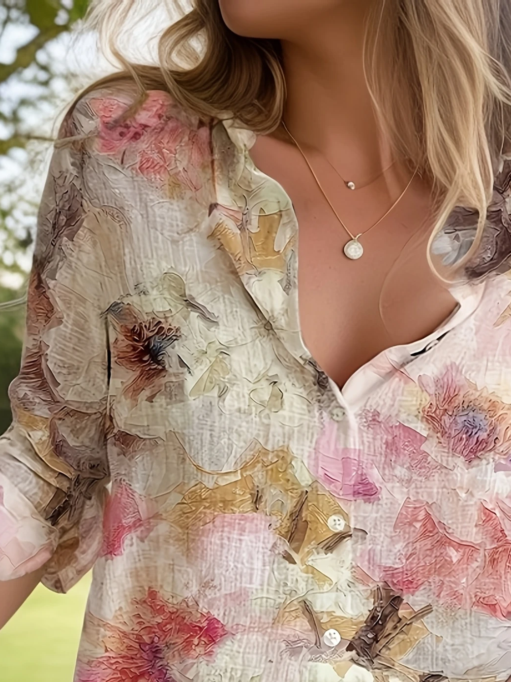 Hemdkragen Langarm Geblümt Schnalle Regelmäßig Weit Knopfhemd Bluse für Damen