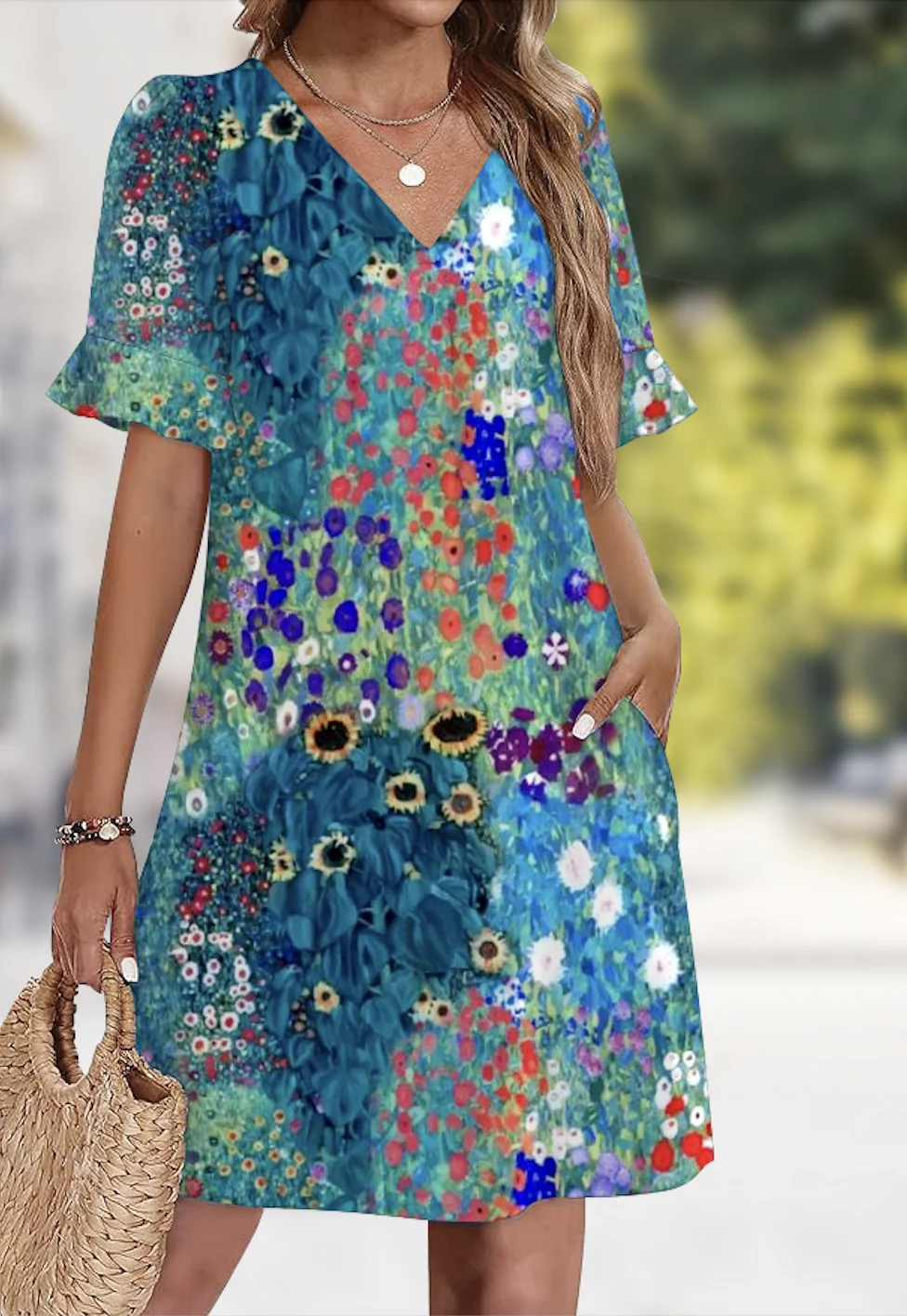 Damen Geblümt Sommer Kleid V-Ausschnitt Ärmellos Tanktop A-Linien-Kleid