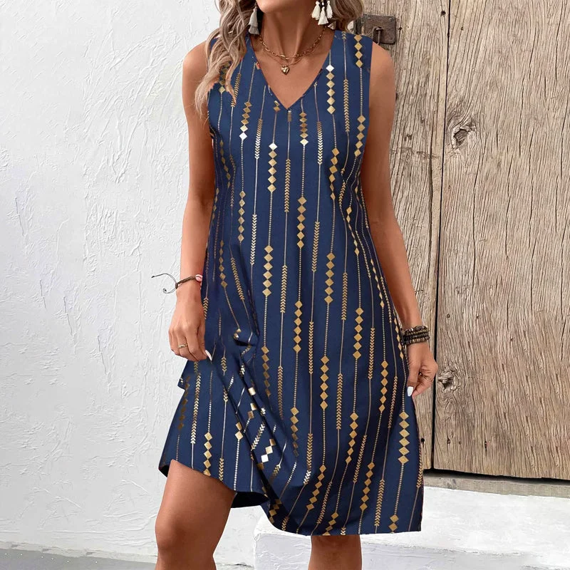 Damen Geometrisch Sommer Kleid V-Ausschnitt Ärmellos Tanktop A-Linien-Kleid