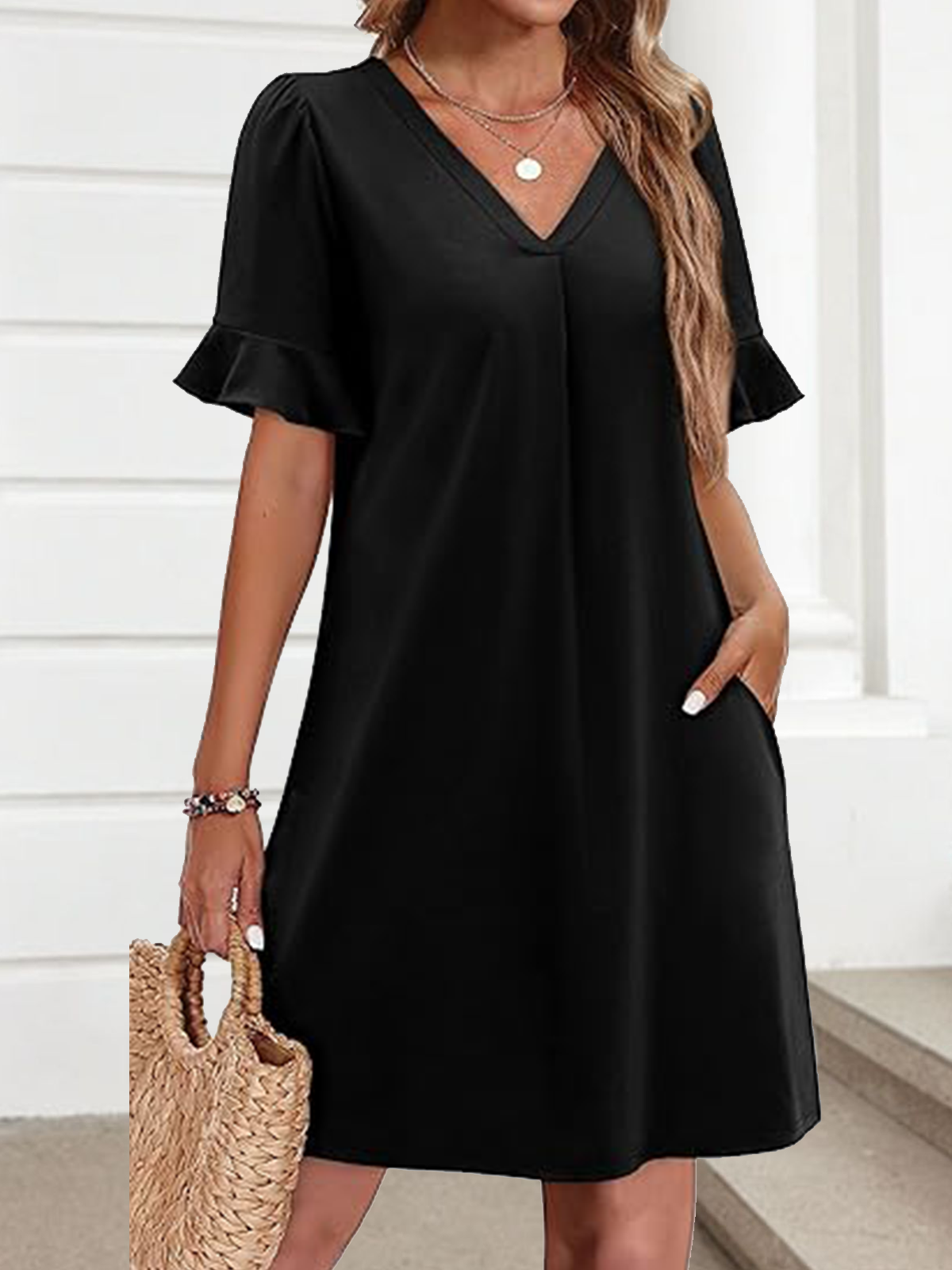 Damen Geometrisch Sommer Kleid V-Ausschnitt Ärmellos Tanktop A-Linien-Kleid