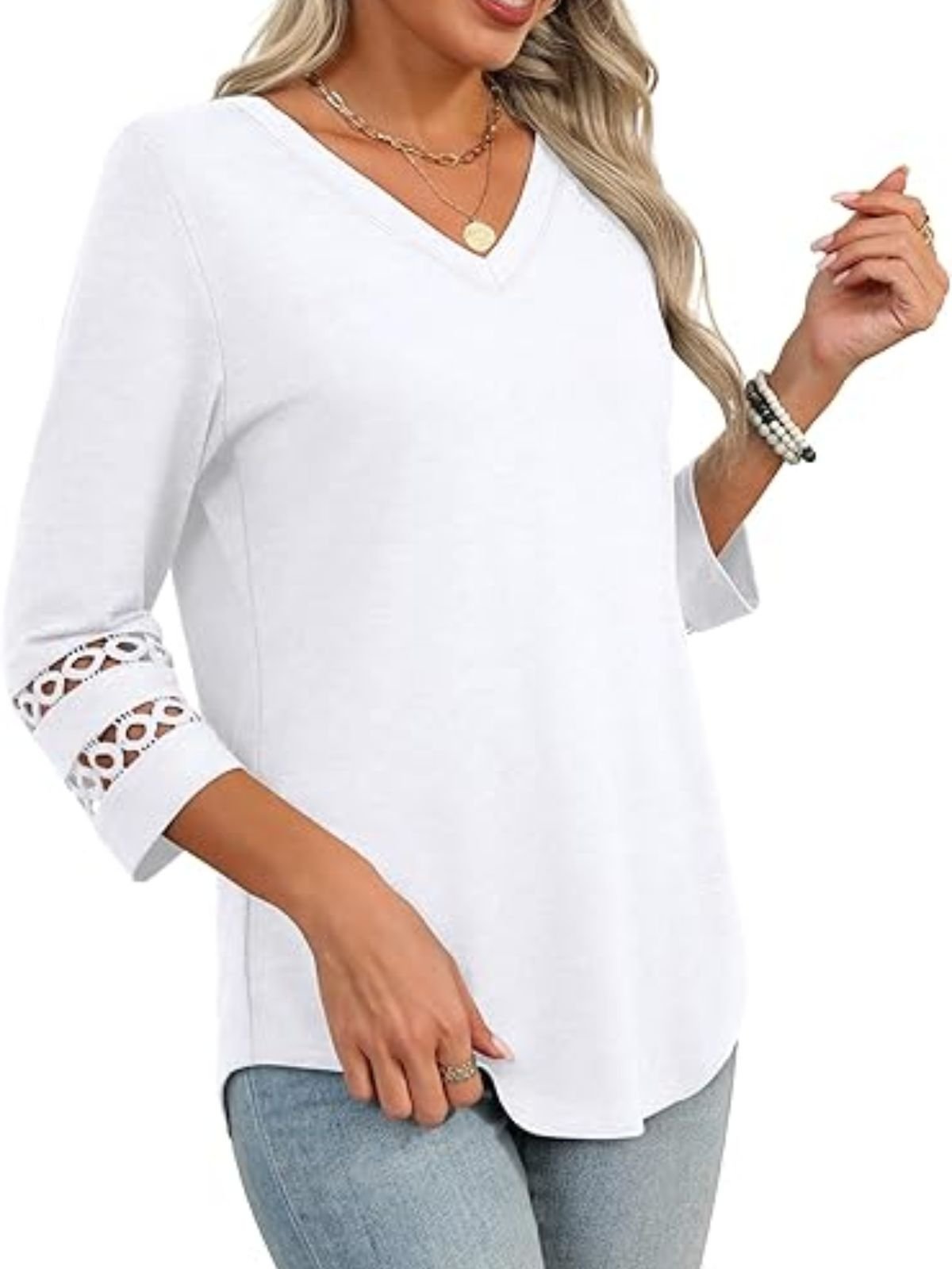 Lässig Unifarben V-Ausschnitt Dreiviertelärmel T-Shirt