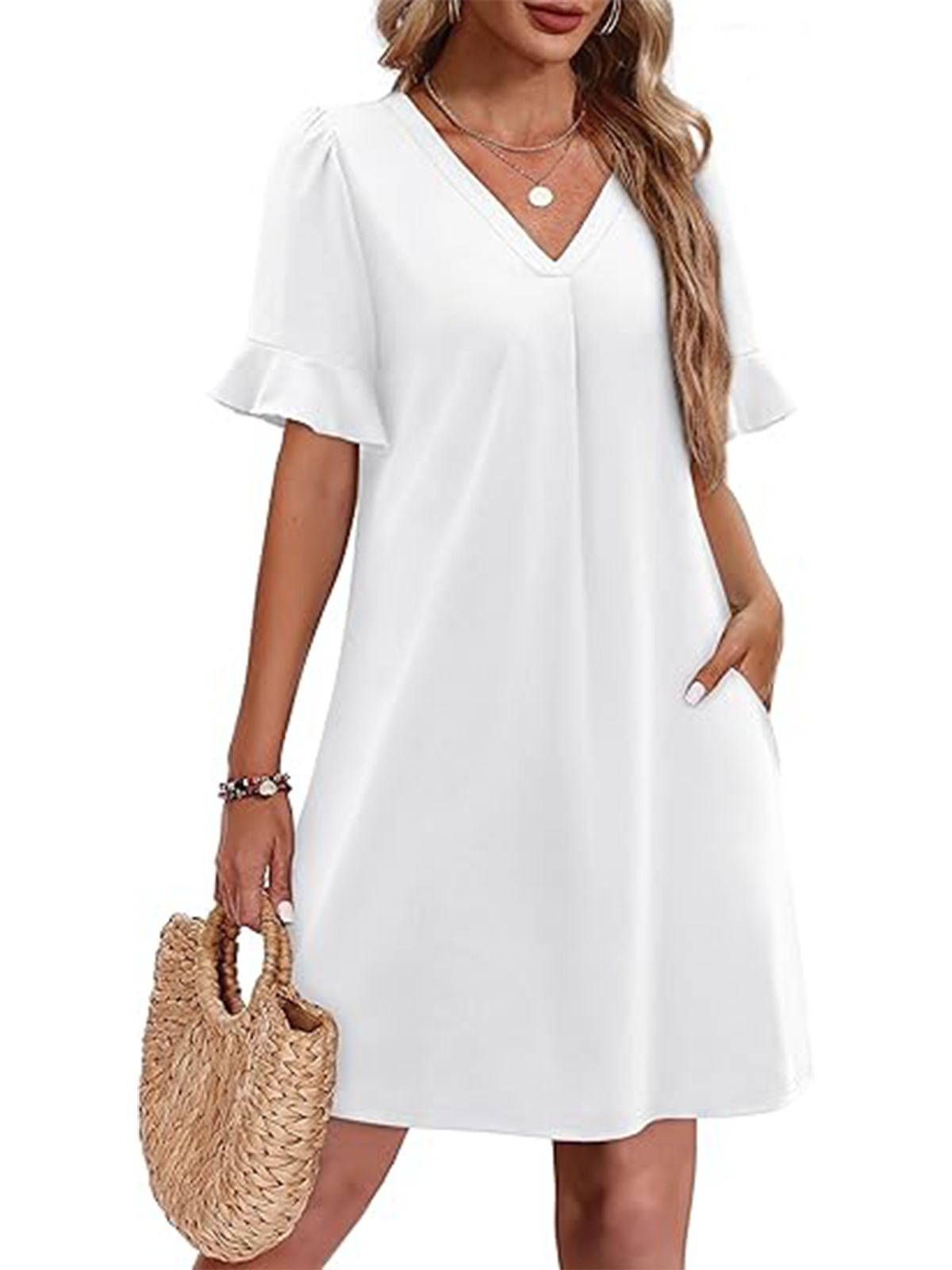 Damen Geometrisch Sommer Kleid V-Ausschnitt Ärmellos Tanktop A-Linien-Kleid