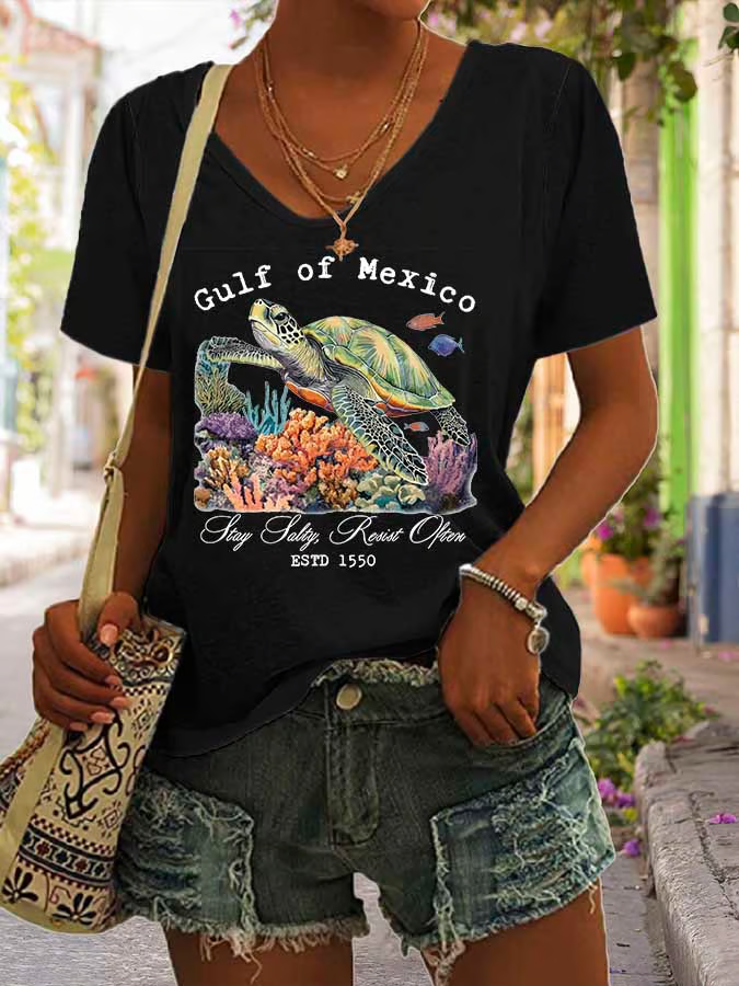 Lässig Geometrisch V-Ausschnitt Kurzarm T-Shirt