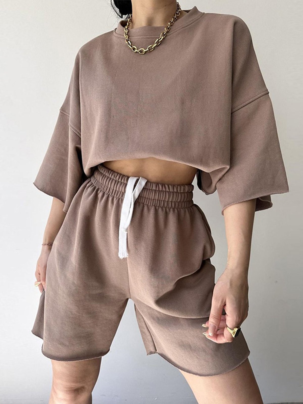 Damen Unifarben Zweiteiliges Set Täglich Halbarm Lässig Sommer Kurze Sets Matching Set