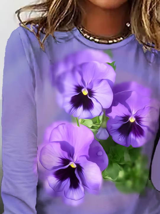 Lässig Geblümt Rundhals Langarm T-Shirt