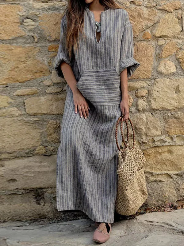 Damen Gestreift Frühling/Herbst Print Kleid U-Ausschnitt Langarm Tanktop A-Linien-Kleid