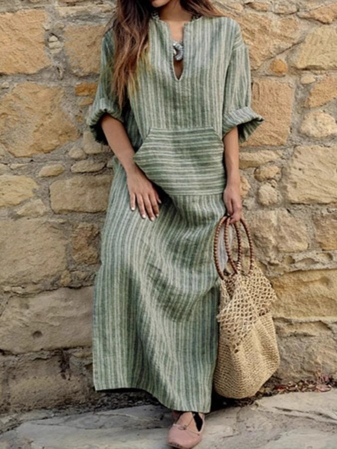 Damen Gestreift Frühling/Herbst Print Kleid U-Ausschnitt Langarm Tanktop A-Linien-Kleid