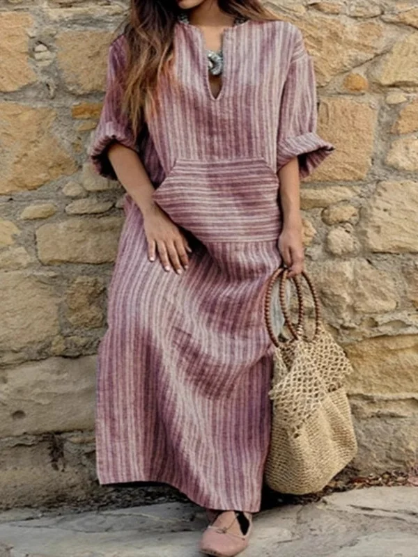 Damen Gestreift Frühling/Herbst Print Kleid U-Ausschnitt Langarm Tanktop A-Linien-Kleid