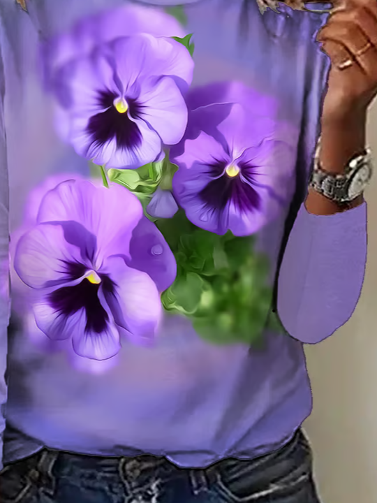 Lässig Geblümt Rundhals Langarm T-Shirt