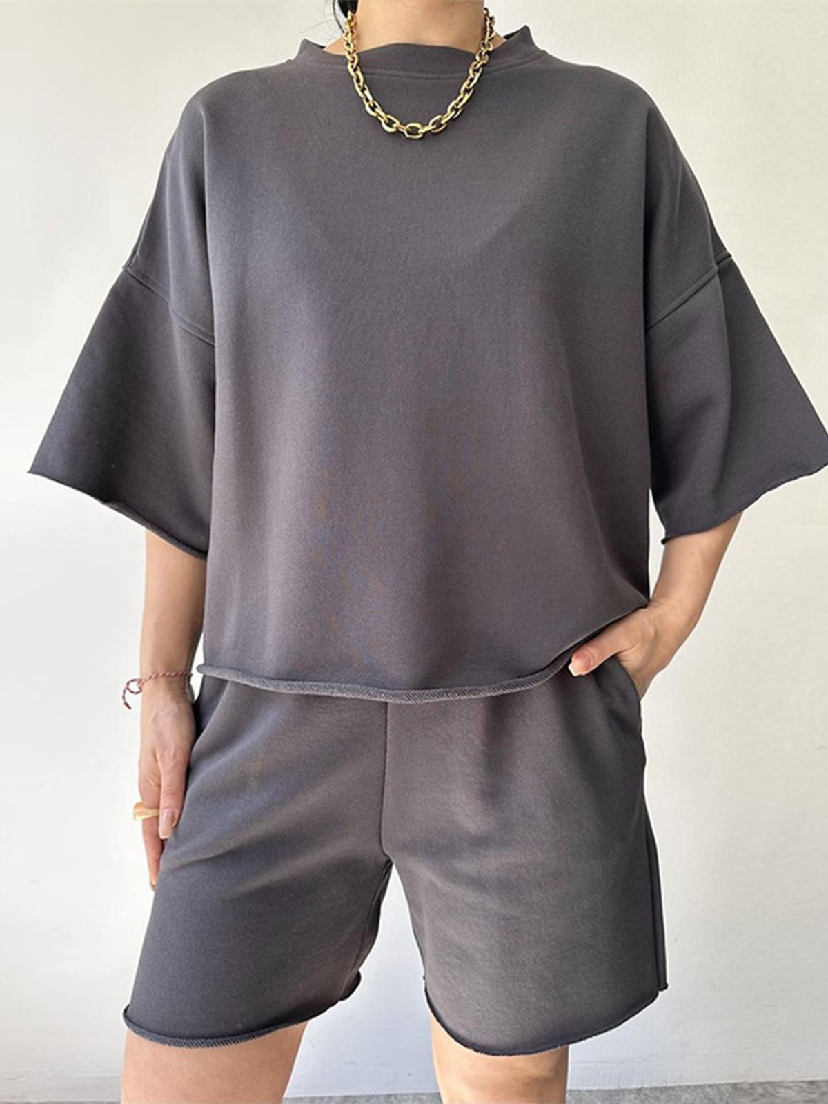 Damen Unifarben Zweiteiliges Set Täglich Halbarm Lässig Sommer Kurze Sets Matching Set