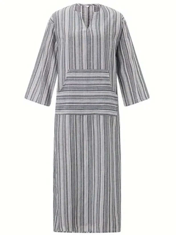 Damen Gestreift Frühling/Herbst Print Kleid U-Ausschnitt Langarm Tanktop A-Linien-Kleid