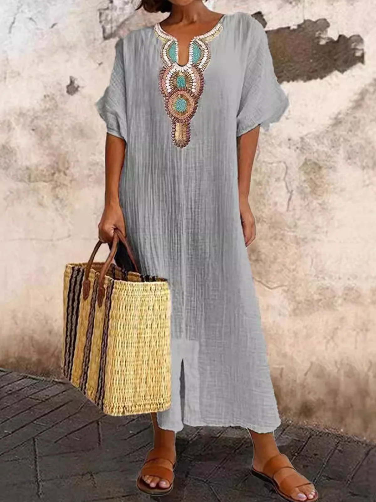 Damen Nationalität/ethn Raglanärmel Sommer Stickerei Kleid U-Ausschnitt Kurzarm H-Linie Kleid