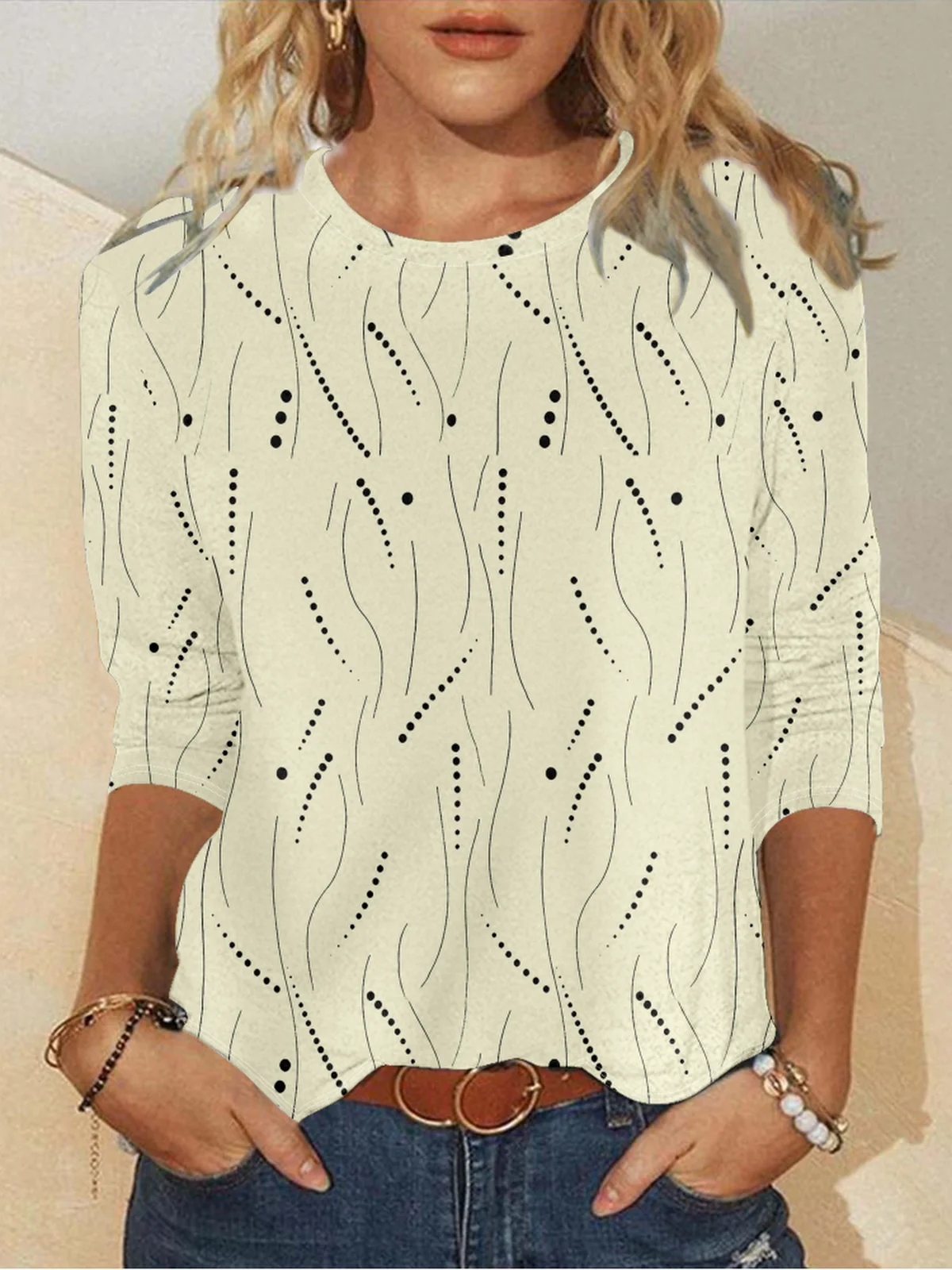 Lässig Gestreift Rundhals Langarm T-Shirt