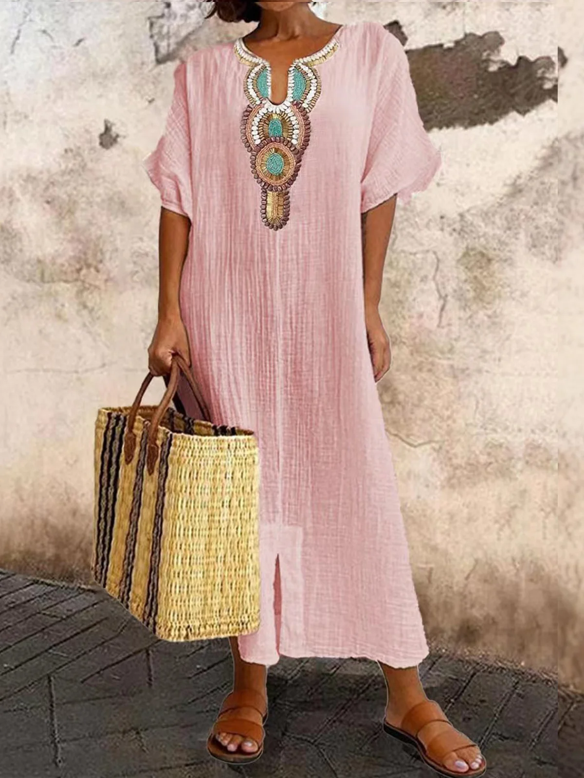 Damen Nationalität/ethn Raglanärmel Sommer Stickerei Kleid U-Ausschnitt Kurzarm H-Linie Kleid