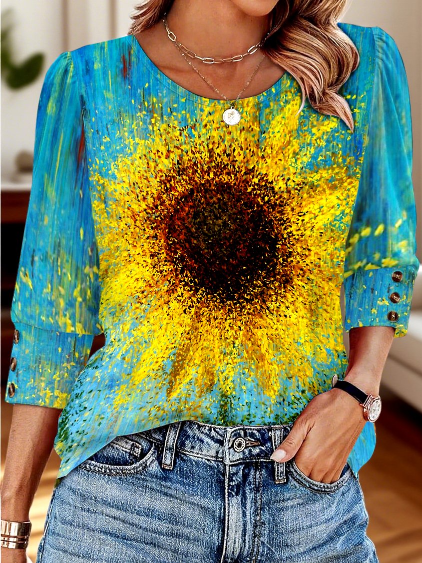 Lässig Geblümt V-Ausschnitt Langarm T-Shirt