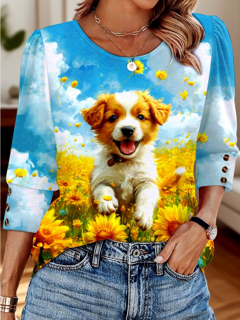 Lässig Geblümt V-Ausschnitt Langarm T-Shirt