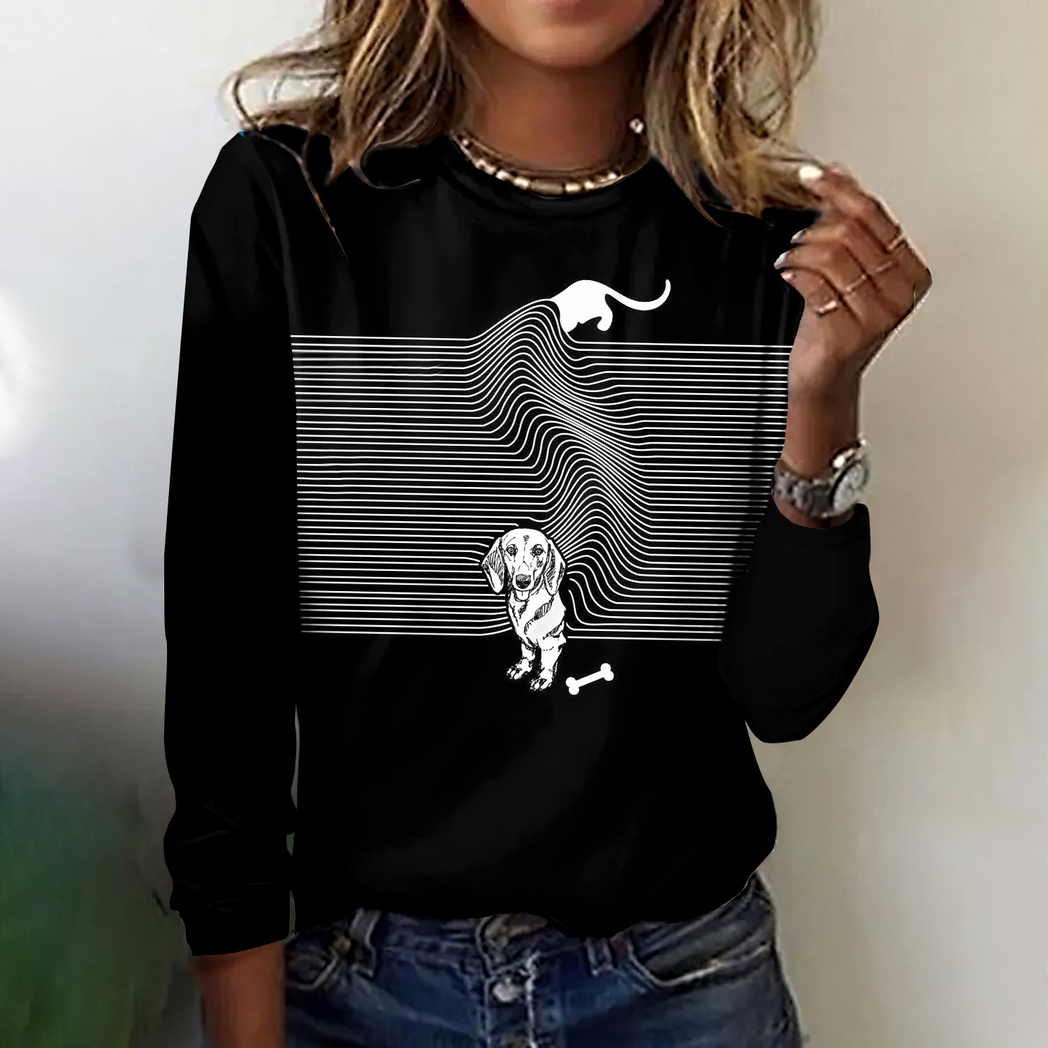 Retro Kariert Rundhals Langarm T-Shirt