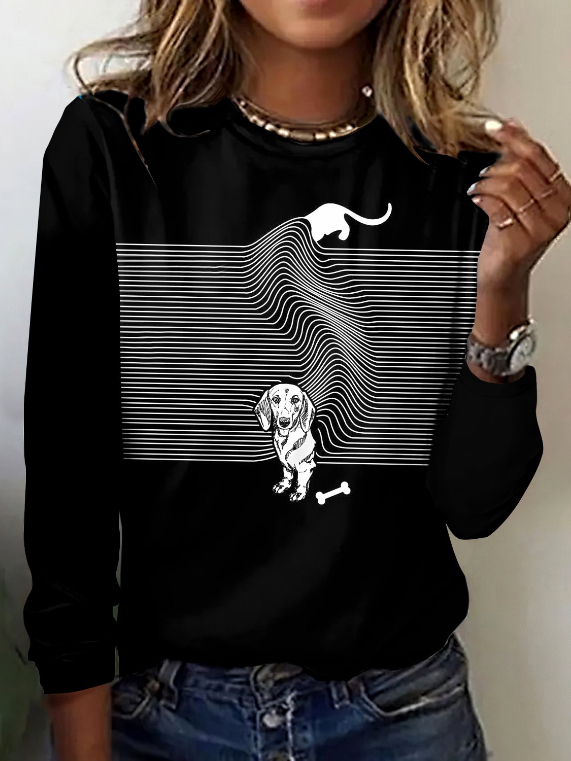 Retro Kariert Rundhals Langarm T-Shirt