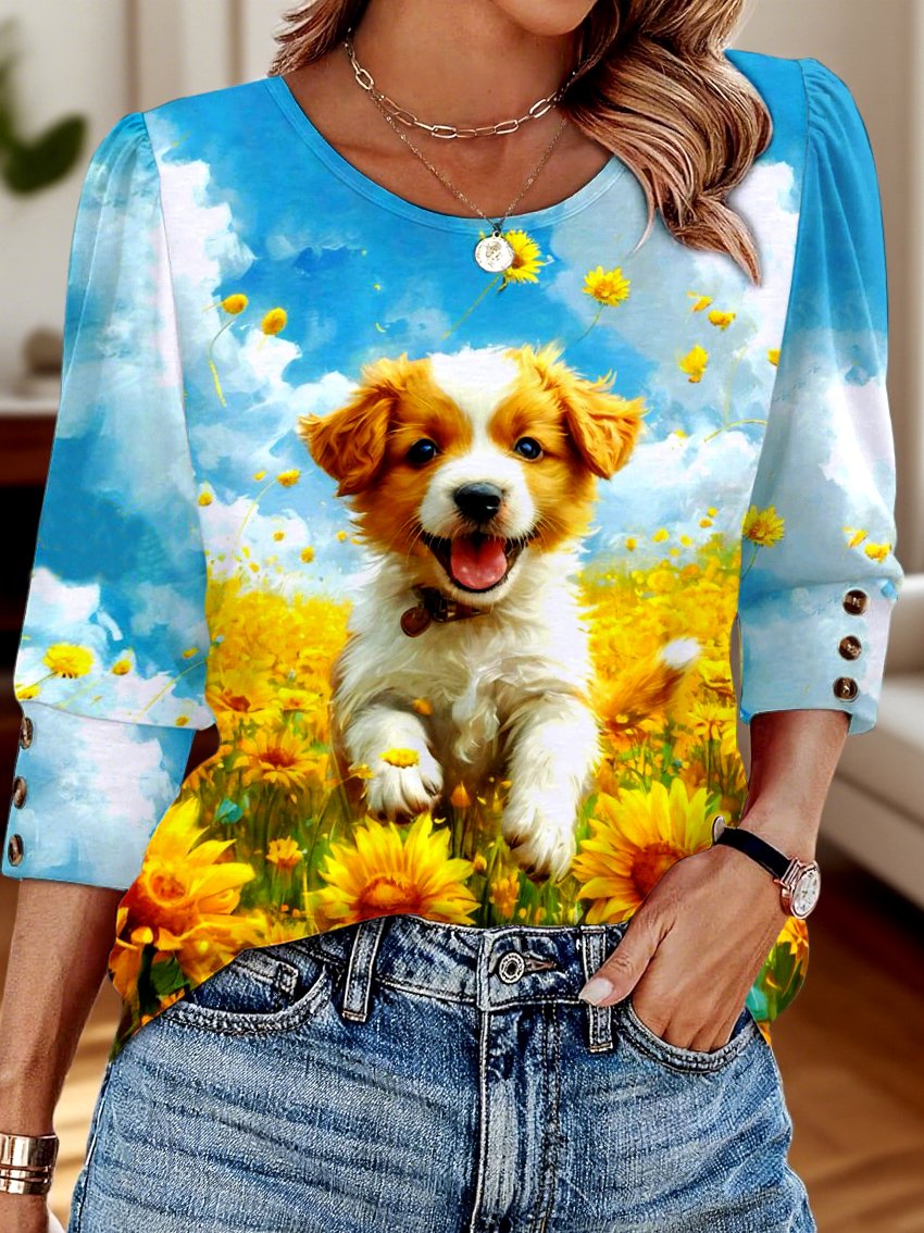 Lässig Geblümt V-Ausschnitt Langarm T-Shirt